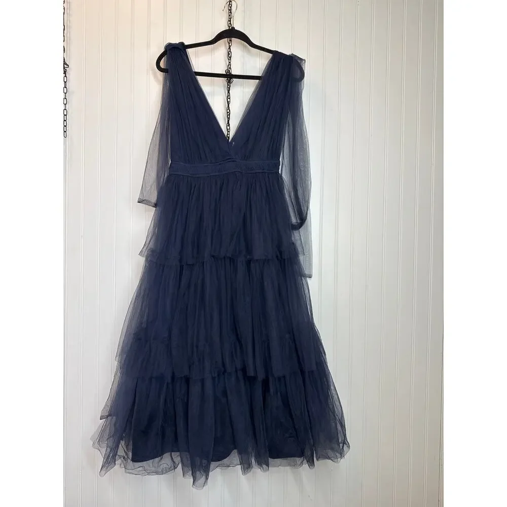 NWT Lulus Flawless Arrival Navy Blue Tulle Tie-Strap Tiered Maxi Dress Size L
